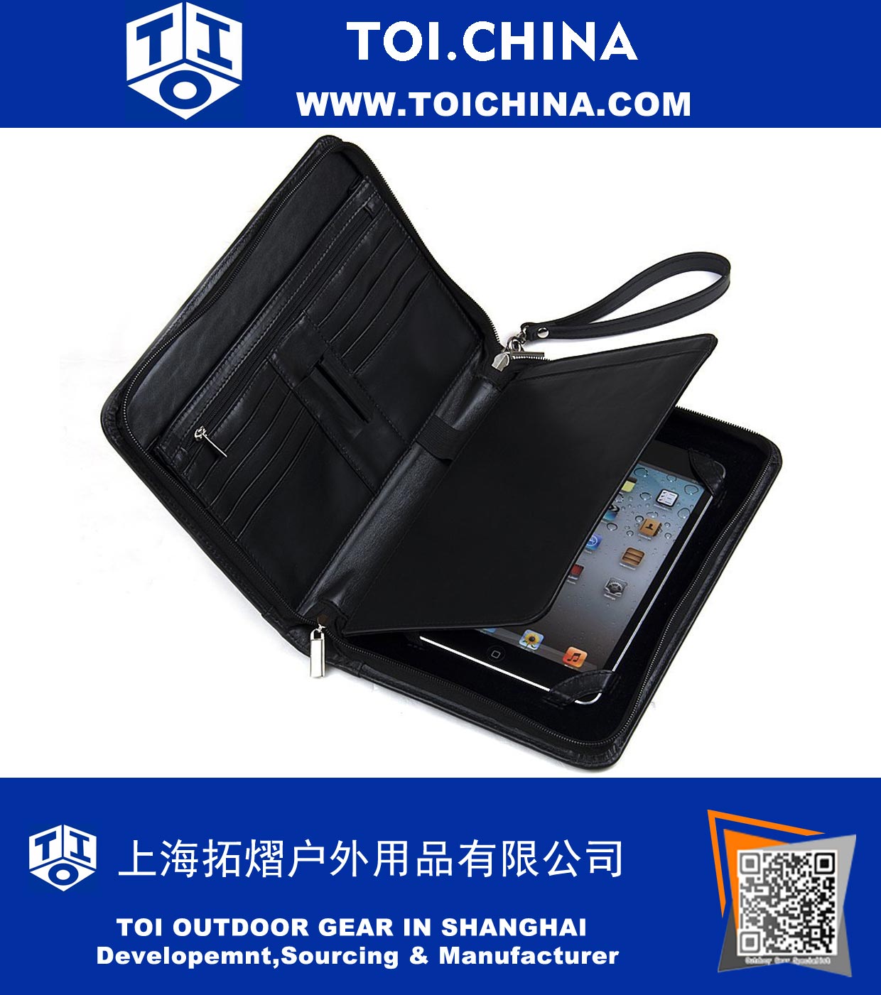 Genuine Leather Padfolio with Wrist Strap, for iPad Mini 4 and Small Notepad, Black