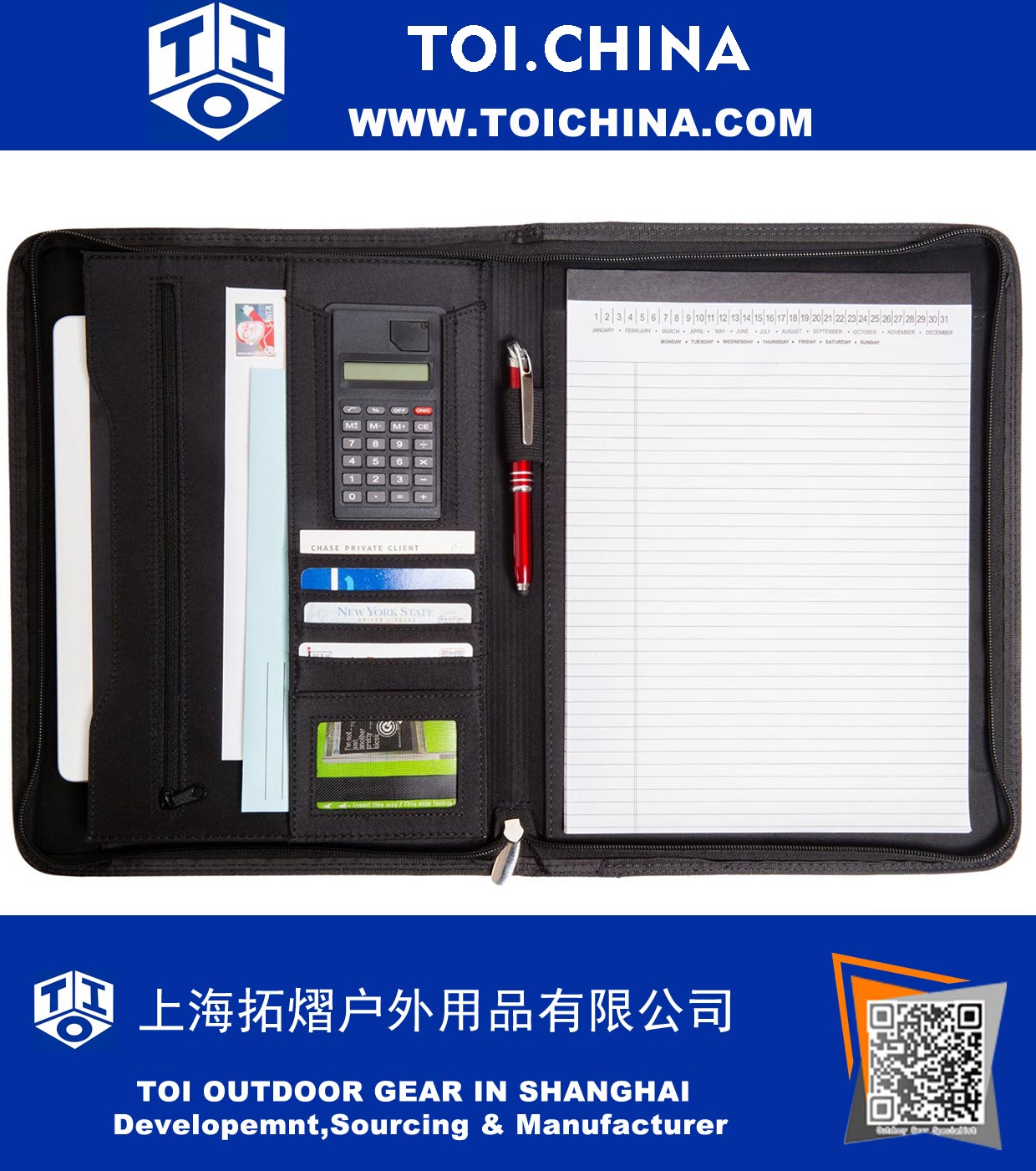 Genuine Pebble Leather, Executive Zippered Professional Business or Student Portfolio Padfolio Organizer with Tablet Holder, Notepad, Calculator, Document Folders and Outside Pocket with Snap Closure