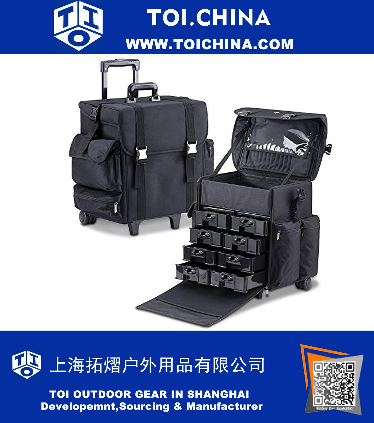 Professional Beauty Trolley Makeup Artist Case, Soft Cosmetic Case with Trolley and Storage Drawers, Side Compartments and Brush Holders