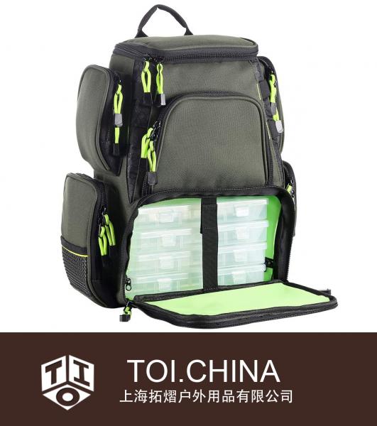 Mochila de equipamento de pesca com 4 caixas de equipamento, resistente à água, grande, armazenamento externo, multifuncional, bolsa, equipamento, caixa