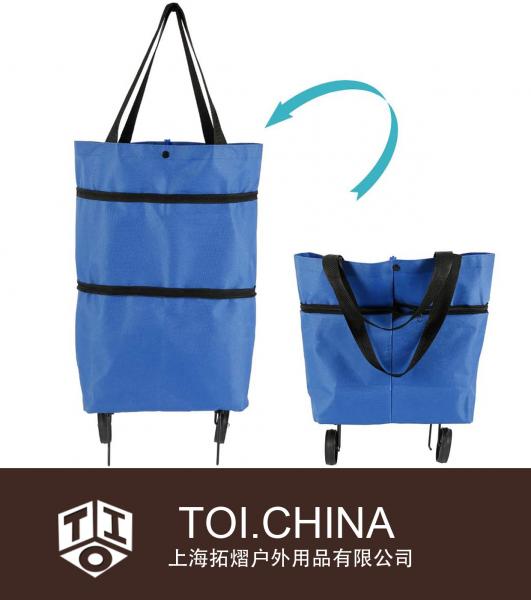 Foldable Shopping Bag with Wheels, Collapsible Trolley Bag on Wheels for Women, Shopping Cart On Wheels Portable Shopper Bag Folding Tote Grocery Bags