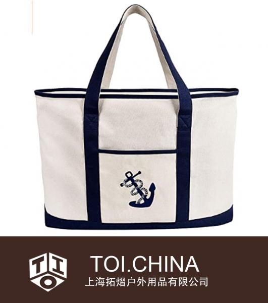 Large Canvas Tote Bag, Zipper Grocery Shopping Bag