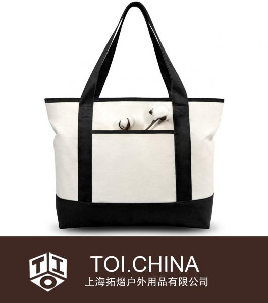 Elegante bolso tote de lona con bolsillos internos externos, parte superior abierta, artículos esenciales para el día