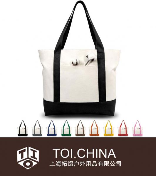 Stylish Canvas Tote Bag with an External Pocket, Top Zipper Closure, Daily Essentials