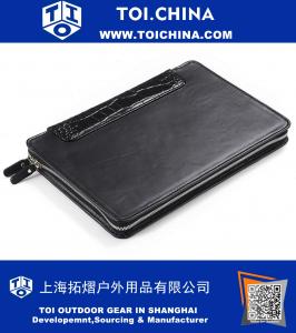 Black Leather Portfolio-Style MacBook Sleeve With Crocodile-Pattern Trim