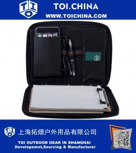 Portfólio organizador de couro compacto com bolso e prancheta, para papel júnior legal