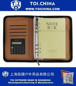 PU Leather A5 Size Business Zippered Travel Portfolios Executive Loose-leaf Notebook with Calculator Card Slots Padfolio Ring Binders