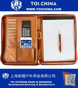 Portefeuille en cuir PU Padfolio organisateur professionnel à glissière avec calculatrice et bloc-notes