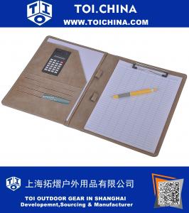 Folio organizador de cuero profesional con clip de resorte para papel A4 y mini calculadora incorporada