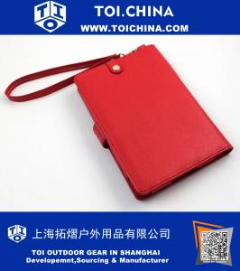 Estuche rojo tipo cartera con compartimentos internos dobles